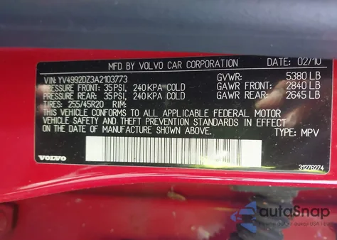 2010 Volvo Xc60 T6/T6 R-Design from USA, damaged, VIN YV4992DZ3A2103773